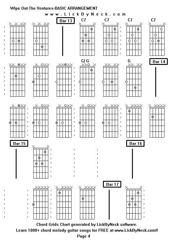 Chord Grids Chart of chord melody fingerstyle guitar song-Wipe Out-The Ventures-BASIC ARRANGEMENT,generated by LickByNeck software.